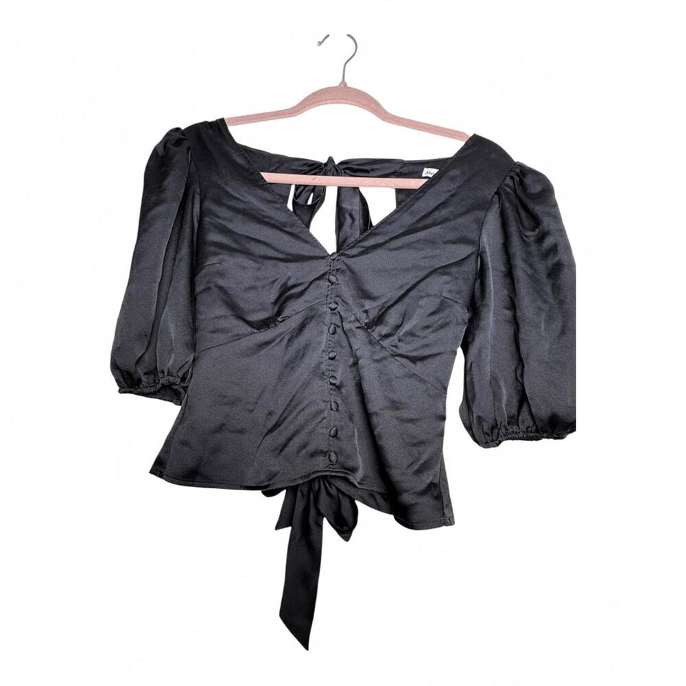 Abercrombie & Fitch Satin Puff Sleeve Tie-Back Button Top XS Black